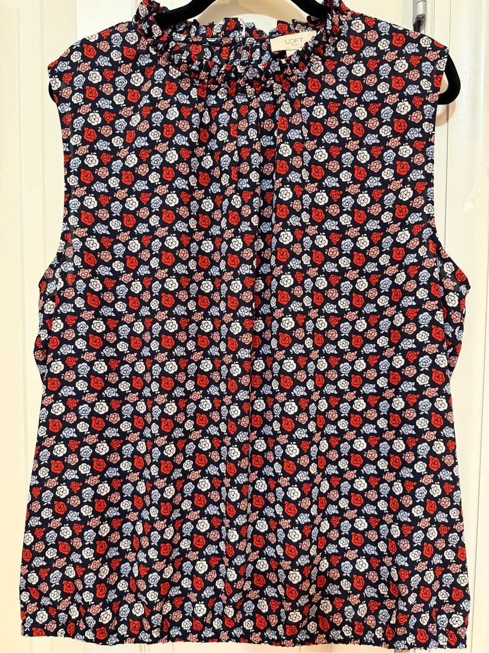 LOFT Navy Sleeveless Tie-Neck Camisole with Red and White Floral Print